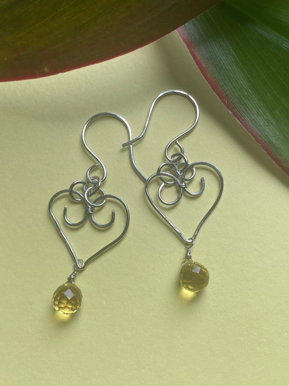 Hand Crafted Wire Heart Earrings with Citrine